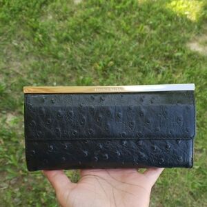 Antonio Melani Womens Cowhide Leather Ostrich Embossed Bifold Long Wallet Black